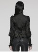 Black Gorgeous Woven Patchwork Lace Center Front Ruffle Stand Collar Gothic Balloon Sleeve Shirt