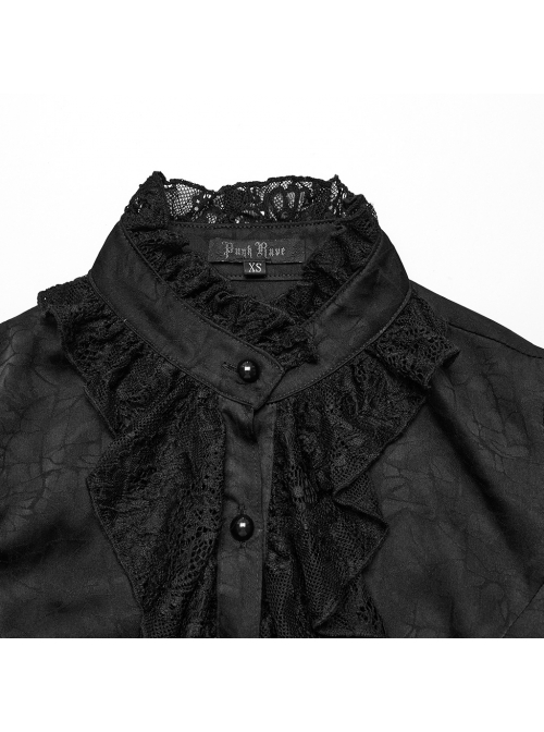 Black Gorgeous Woven Patchwork Lace Center Front Ruffle Stand Collar Gothic Balloon Sleeve Shirt