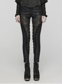 Gorgeous Black Printed Woven Paneled Lace Bungee Cord Embellished Gothic Slim Fit Leggings