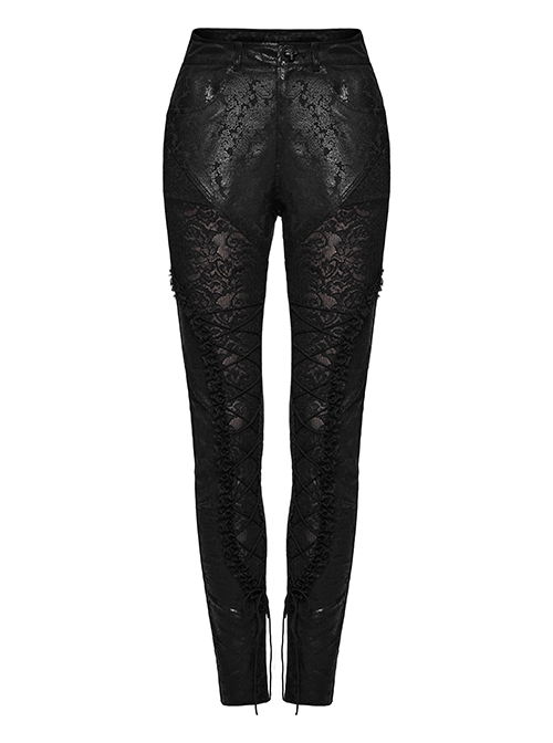Gorgeous Black Printed Woven Paneled Lace Bungee Cord Embellished Gothic Slim Fit Leggings