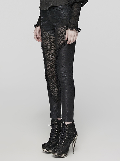 Gorgeous Black Printed Woven Paneled Lace Bungee Cord Embellished Gothic Slim Fit Leggings