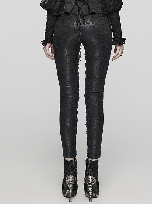 Gorgeous Black Printed Woven Paneled Lace Bungee Cord Embellished Gothic Slim Fit Leggings