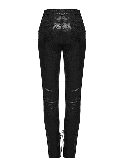 Gorgeous Black Printed Woven Paneled Lace Bungee Cord Embellished Gothic Slim Fit Leggings