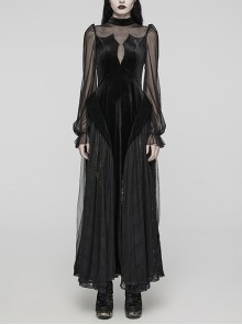 Black Gorgeous Velvet Patchwork Lace Mesh Wave Hem Gothic Style Long Sleeved Dress