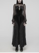 Black Gorgeous Velvet Patchwork Lace Mesh Wave Hem Gothic Style Long Sleeved Dress