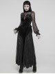 Black Gorgeous Velvet Patchwork Lace Mesh Wave Hem Gothic Style Long Sleeved Dress