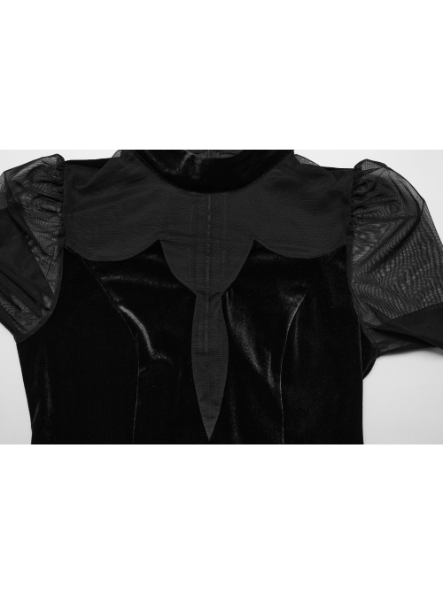 Black Gorgeous Velvet Patchwork Lace Mesh Wave Hem Gothic Style Long Sleeved Dress