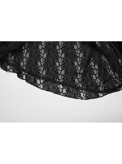 Black Gorgeous Velvet Patchwork Lace Mesh Wave Hem Gothic Style Long Sleeved Dress