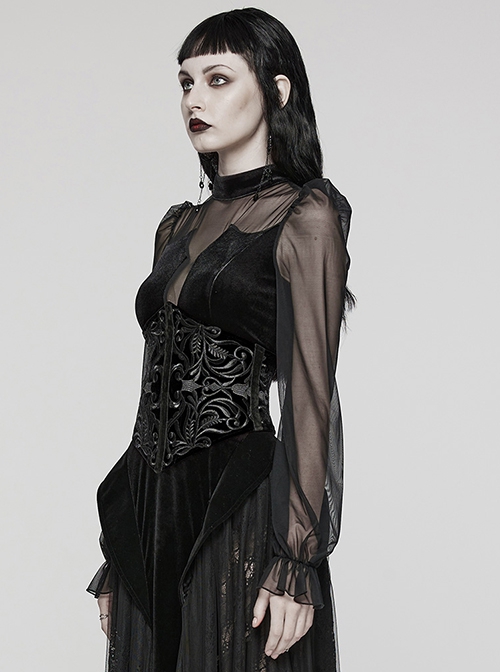 Body Shaping Black Velvet Appliqué Embroidered Back Cord Zipper Gothic Retro Corset