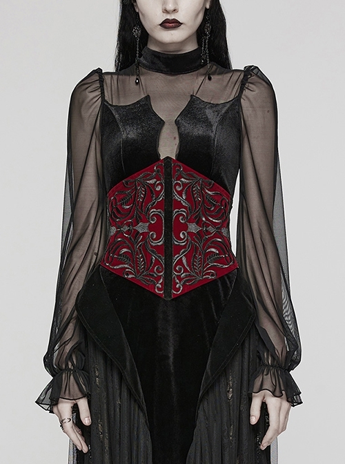 Body Shaping Red Velvet Appliqué Embroidered Back Cord Zipper Gothic Retro Corset
