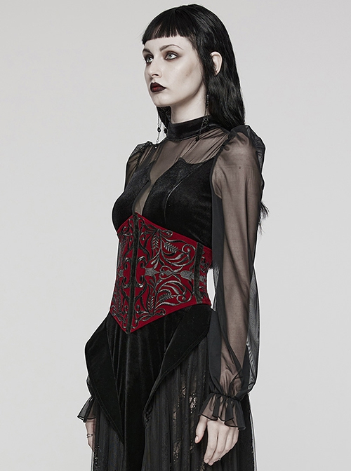 Body Shaping Red Velvet Appliqué Embroidered Back Cord Zipper Gothic Retro Corset