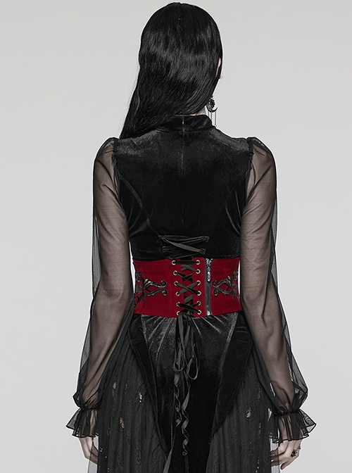 Body Shaping Red Velvet Appliqué Embroidered Back Cord Zipper Gothic Retro Corset