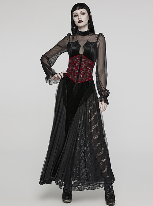 Body Shaping Red Velvet Appliqué Embroidered Back Cord Zipper Gothic Retro Corset