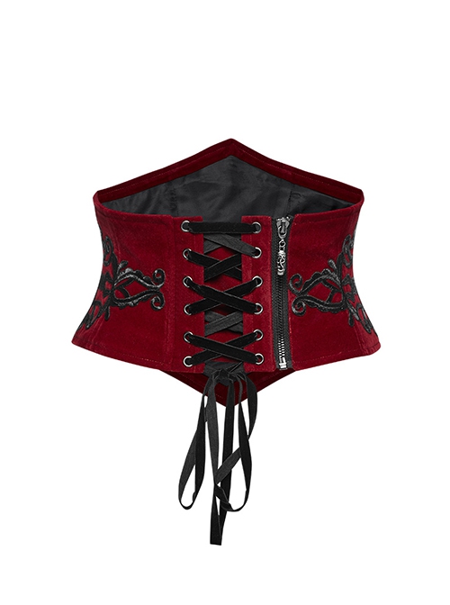 Body Shaping Red Velvet Appliqué Embroidered Back Cord Zipper Gothic Retro Corset