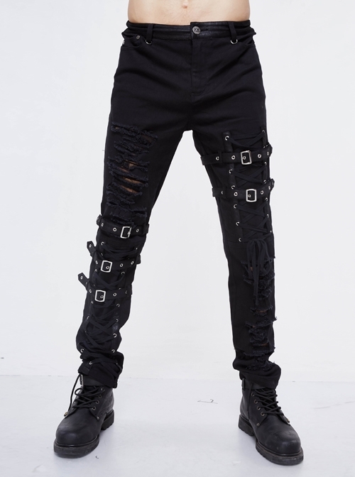 Black Twill Asymmetric Broken Holes Leather Hasp Bandage Punk Rock Pants