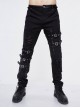Black Twill Asymmetric Broken Holes Leather Hasp Bandage Punk Rock Pants