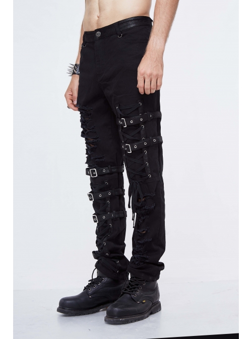 Black Twill Asymmetric Broken Holes Leather Hasp Bandage Punk Rock Pants