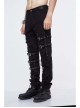 Black Twill Asymmetric Broken Holes Leather Hasp Bandage Punk Rock Pants