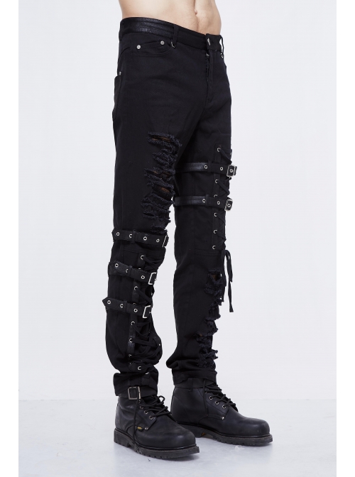 Black Twill Asymmetric Broken Holes Leather Hasp Bandage Punk Rock Pants