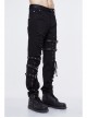 Black Twill Asymmetric Broken Holes Leather Hasp Bandage Punk Rock Pants