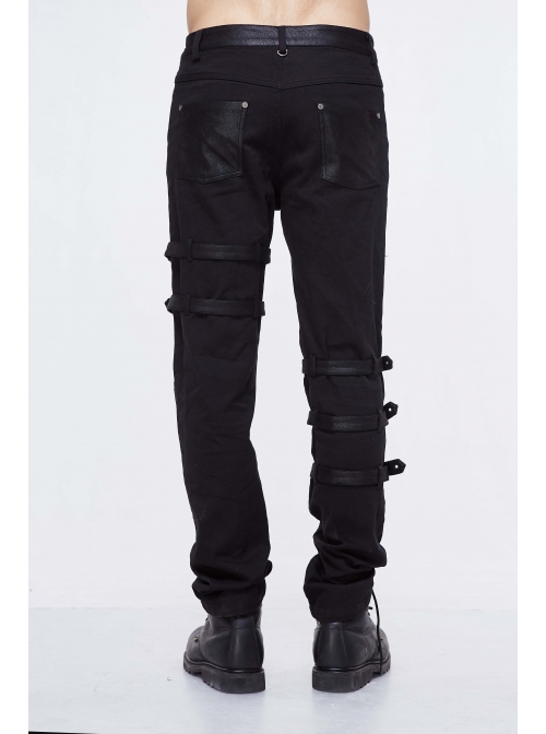 Black Twill Asymmetric Broken Holes Leather Hasp Bandage Punk Rock Pants