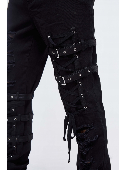 Black Twill Asymmetric Broken Holes Leather Hasp Bandage Punk Rock Pants