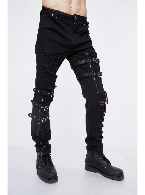 Black Twill Asymmetric Broken Holes Leather Hasp Bandage Punk Rock Pants