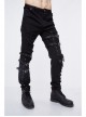 Black Twill Asymmetric Broken Holes Leather Hasp Bandage Punk Rock Pants