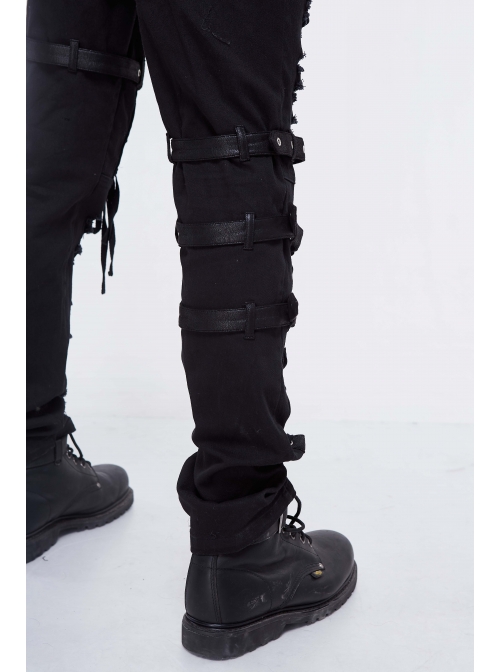 Black Twill Asymmetric Broken Holes Leather Hasp Bandage Punk Rock Pants