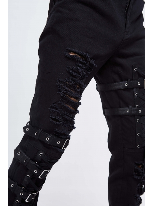 Black Twill Asymmetric Broken Holes Leather Hasp Bandage Punk Rock Pants