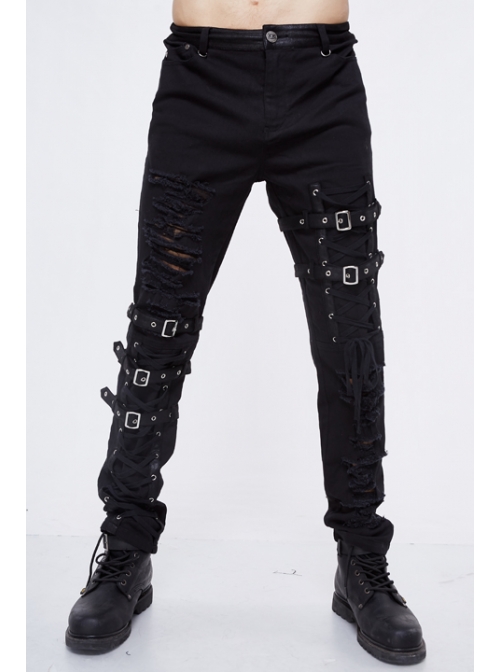 Black Twill Asymmetric Broken Holes Leather Hasp Bandage Punk Rock Pants