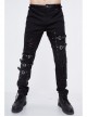 Black Twill Asymmetric Broken Holes Leather Hasp Bandage Punk Rock Pants