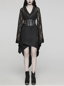 Black Skull Lace Patchwork Non Elastic Woven Lapel Waisted Punk Style Long Sleeved Kimono Jacket
