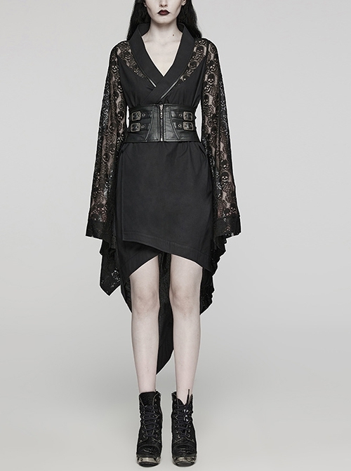 Black Skull Lace Patchwork Non Elastic Woven Lapel Waisted Punk Style Long Sleeved Kimono Jacket
