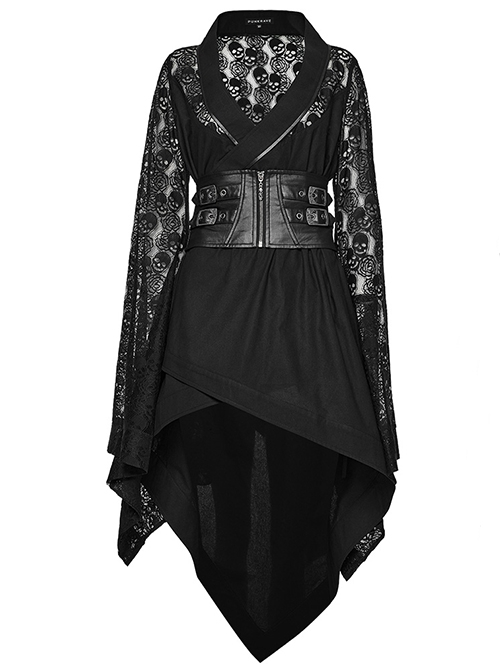 Black Skull Lace Patchwork Non Elastic Woven Lapel Waisted Punk Style Long Sleeved Kimono Jacket