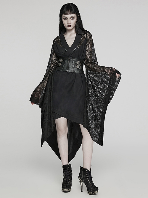 Black Skull Lace Patchwork Non Elastic Woven Lapel Waisted Punk Style Long Sleeved Kimono Jacket
