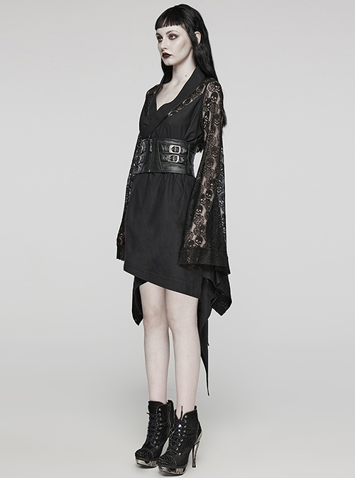 Black Skull Lace Patchwork Non Elastic Woven Lapel Waisted Punk Style Long Sleeved Kimono Jacket