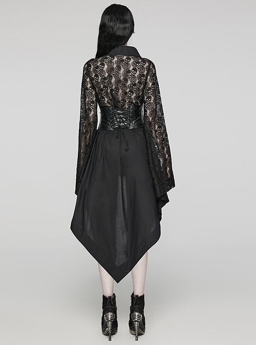 Black Skull Lace Patchwork Non Elastic Woven Lapel Waisted Punk Style Long Sleeved Kimono Jacket