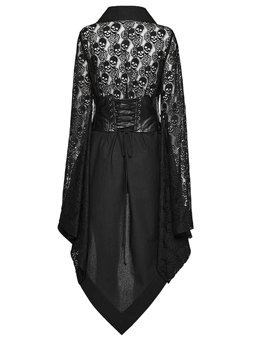 Black Skull Lace Patchwork Non Elastic Woven Lapel Waisted Punk Style Long Sleeved Kimono Jacket