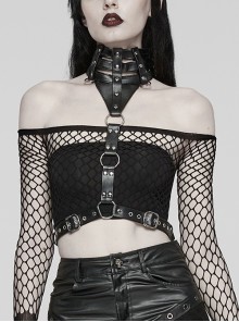 Handsome Black Pu Leather Hollow Metal Ring Link Punk Style Adjustable Choker Harness