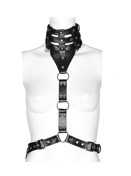 Handsome Black Pu Leather Hollow Metal Ring Link Punk Style Adjustable Choker Harness