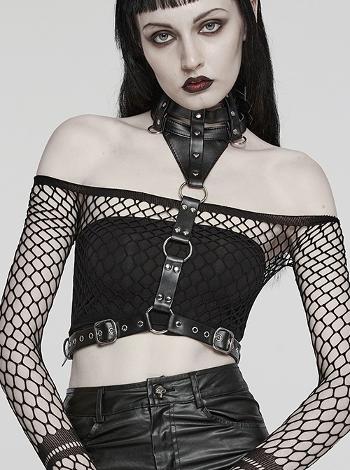 Handsome Black Pu Leather Hollow Metal Ring Link Punk Style Adjustable Choker Harness