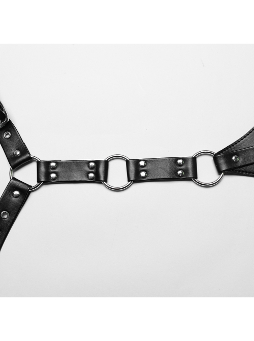 Handsome Black Pu Leather Hollow Metal Ring Link Punk Style Adjustable Choker Harness