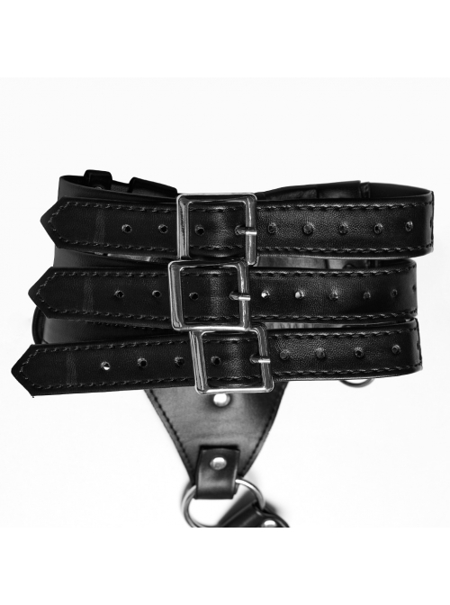 Handsome Black Pu Leather Hollow Metal Ring Link Punk Style Adjustable Choker Harness