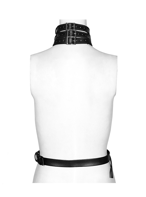 Handsome Black Pu Leather Hollow Metal Ring Link Punk Style Adjustable Choker Harness