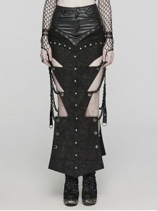 Black Exaggerated Inverted Triangle Woven Stitching With Rubberized Side Metal Chain Punk Style Skirt