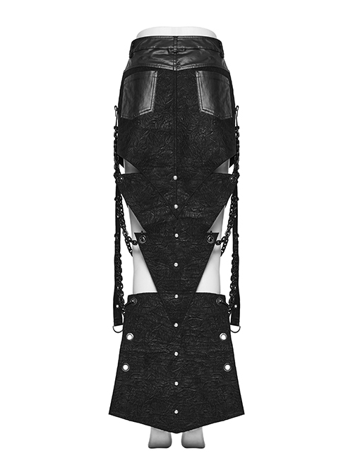 Black Exaggerated Inverted Triangle Woven Stitching With Rubberized Side Metal Chain Punk Style Skirt