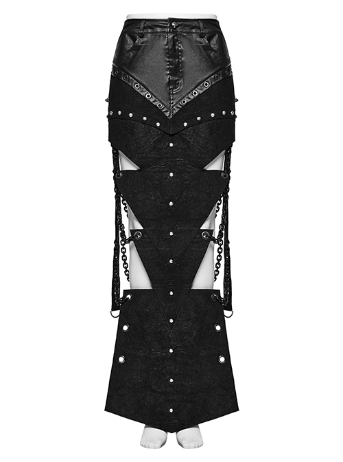 Black Exaggerated Inverted Triangle Woven Stitching With Rubberized Side Metal Chain Punk Style Skirt