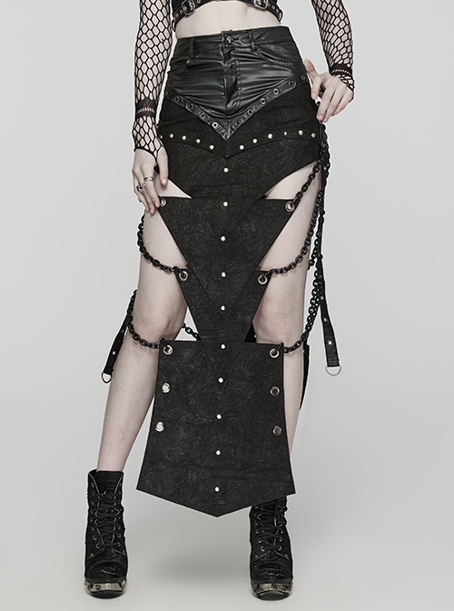 Black Exaggerated Inverted Triangle Woven Stitching With Rubberized Side Metal Chain Punk Style Skirt