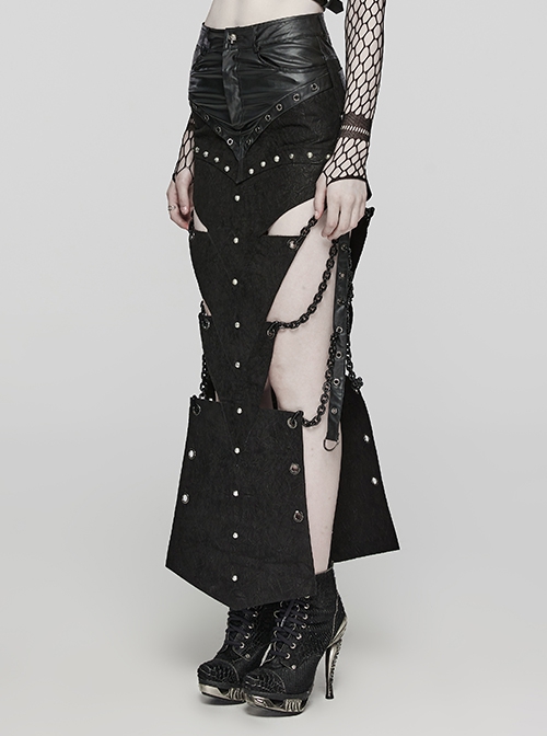 Black Exaggerated Inverted Triangle Woven Stitching With Rubberized Side Metal Chain Punk Style Skirt